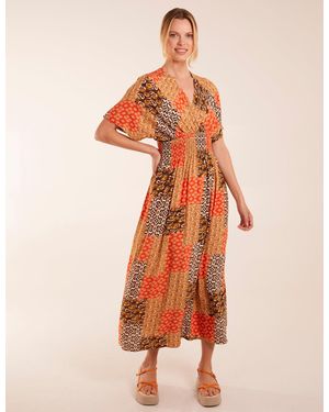 Blue Vanilla Abstract Pattern V Neck Midi Dress - Orange