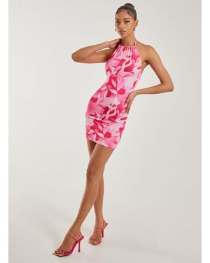 Pink Vanilla Abstract Tropical Halter Neck Mini Dress - Pink