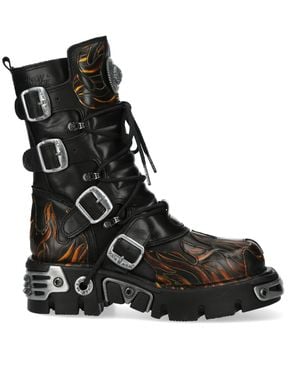 New Rock M-591-C58 Mid-Calf High Flame Leather Metallic Gothic Boots - Black