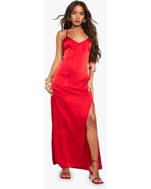 Boohoo Satin Plunge Front Split Leg Maxi Dress - Red