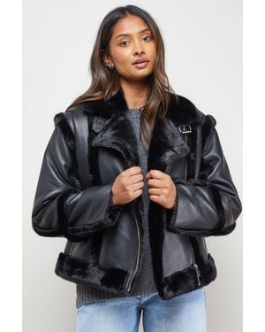 Oasis Shearling Pu Aviator Jacket - Black