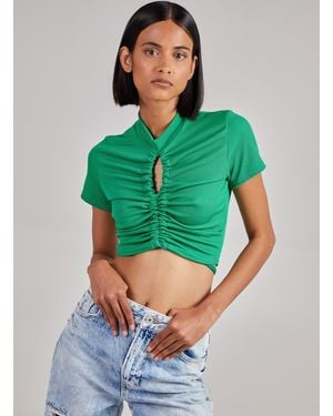 Pink Vanilla Short Sleeve Gathered Keyhole Ribbed Top - Green