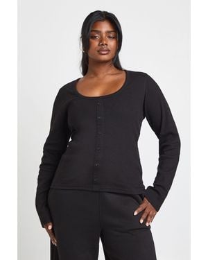 Boohoo Plus Ribbed Button Through Scoop Neck Long Sleeve Top - Black