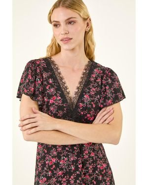 Roman Floral Print Lace Detail Top - Black
