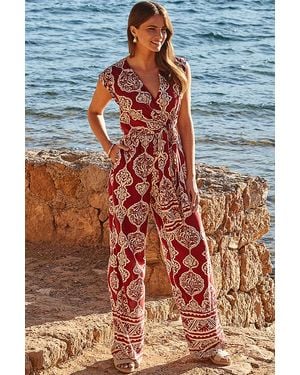 Sosandar Baroque Print Wrap Wide Leg Jumpsuit - Blue