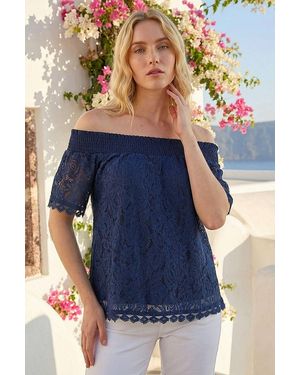 Roman Lace Detail Bardot Top - Blue
