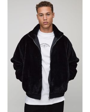 BoohooMAN Tall Regular Fit Faux Fur Funnel Neck Bomber Jacket - Black