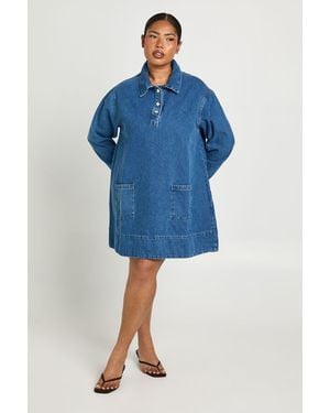 Boohoo Plus Long Sleeve Denim Dress - Blue