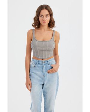 Hiccup Square-Neck Sleeveless Front Seam Corset Top - Blue