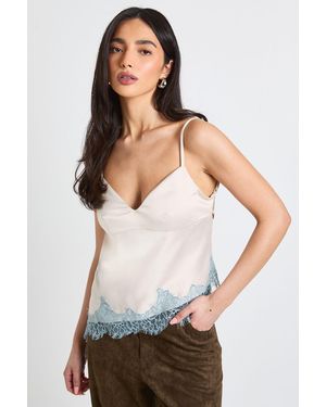 Boohoo Satin Tie Back Contrast Lace Cami Top - White
