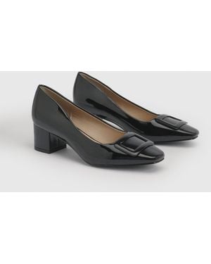Wallis Danny Faux Patent Leather Square Toe Covered Buckle Medium Block Heel Court Shoes - Black