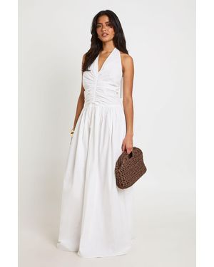 Boohoo Cotton Poplin Halter Neck Front Gathered Seam Skater Maxi Dress - White