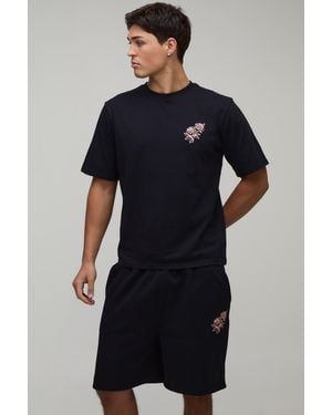 BoohooMAN Regular Fit Rose Embroidered T-Shirt & Fit Short Set - Blue