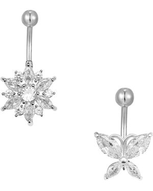 The Jewellery Stockroom Stainless Steel Set Of 2 Butterfly And Flower Cubic Zirconia Belly Button Bars - Metallic