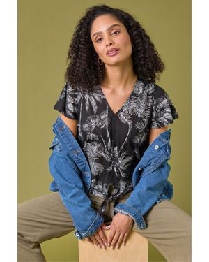 Roman Palm Tree Print Tie Front Top - Blue