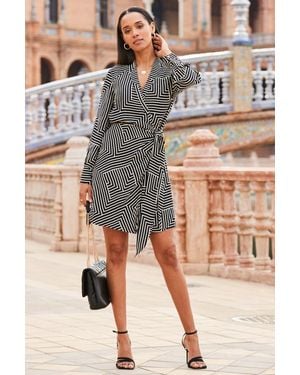 Sosandar Geometric Print Wrap Dress - Black