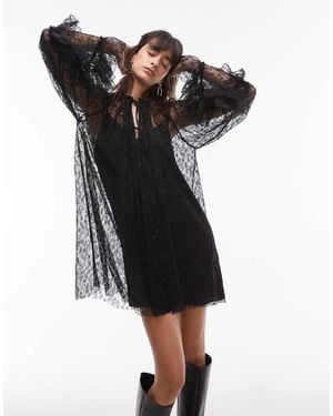 TOPSHOP Lace Long Sleeve Mini Trapeze Dress - Black