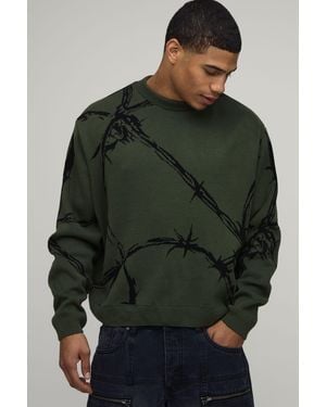 BoohooMAN Oversized Boxy Barbed Wire Jacquard Knitted Jumper - Green