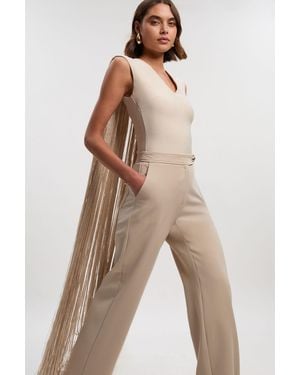 Karen Millen Figure Form Bandage Knit Long Tassel Cape Top - Natural