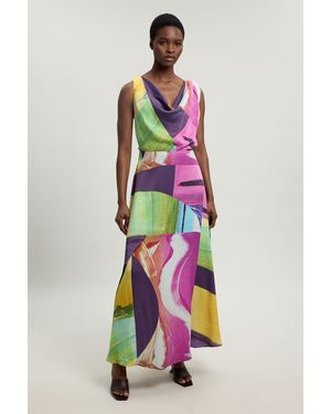 Karen Millen Petite Abstract Twist Shoulder Satin Viscose Midi Dress - White