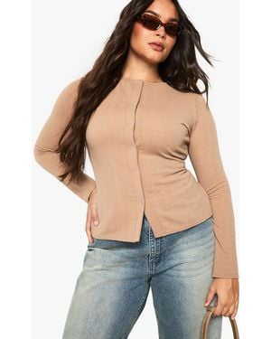 Boohoo Plus Ripple Rib Button Down Top - Blue