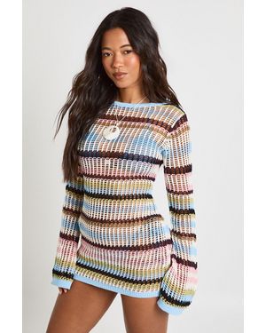 Boohoo Crochet Stripe Knit Flared Sleeve Mini Dress - Grey
