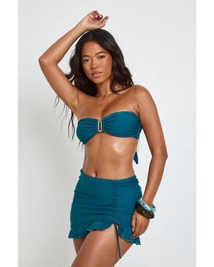 Boohoo Trim Bandeau Bikini Top And Ruched Frill Detail Sarong 3 Piece Set - Blue