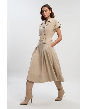 Karen Millen Polished Tailored Button Detail Pleated Midi Dress - Natural