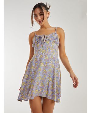 Pink Vanilla Ditsy Floral Tie Front Corset Dress - Grey