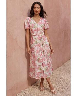 Roman Floral Print Puff Sleeve Midi Dress - Pink