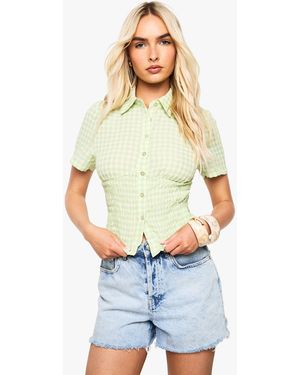 Boohoo Gingham Shirred Waist Shirt - White
