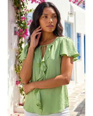 Roman Frilled Sleeve Tie Front Top - Green