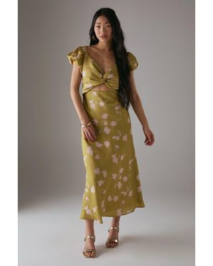 Warehouse Petite Satin Knot Front Cut Out Midi Dress - Green