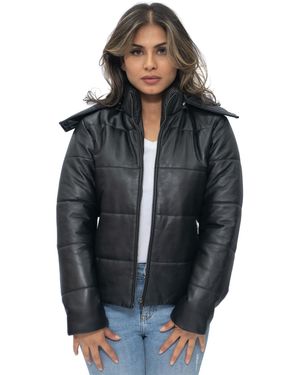 Infinity Leather Puffer Bomber Jacket-Ajax - Black