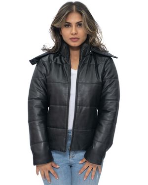 Infinity Leather Puffer Bomber Jacket-Ajax - Black