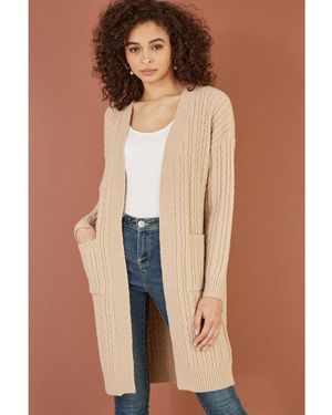 Yumi' Oatmeal Cable Knit Edge To Long Cardigan With Pockets - Brown