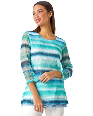 Roman Lace Trim Stripe Mesh Overlay Top - Blue