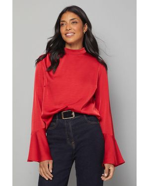 Wallis Satin High Neck Flute Blouse - Red