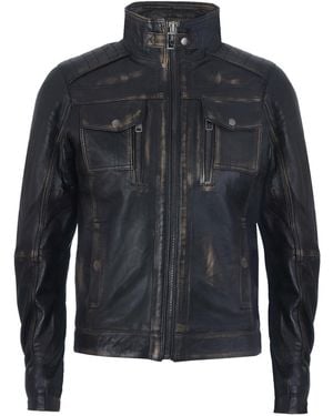 Infinity Leather Biker Distressed Motorcycle Jacket - Black