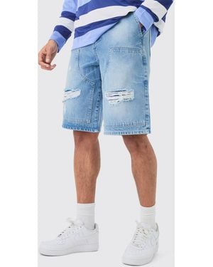 BoohooMAN Relaxed Rigid Ripped Carpenter Denim Jorts - Blue