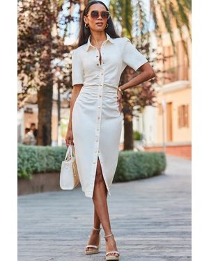Sosandar Ivory Ruched Waist Popper Front Denim Dress - Natural