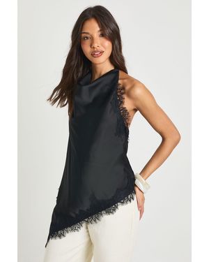 Boohoo Lace Cowl Asymmetric Top - Black