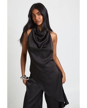 Boohoo Satin Cowl Neck Asym Hem Top - Black