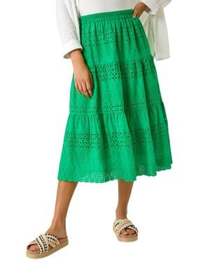 Roman Broderie Cotton A-Line Midi Skirt - Green