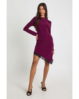 Boohoo Slinky Boat Neck Lace Hem Midi Dress - Purple