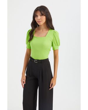 Hiccup Square Neck Balloon Sleeves Top - Green