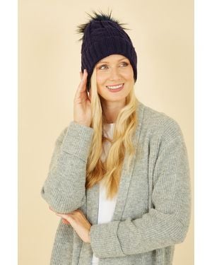 Yumi' Cable Knit Hat With Pom Pom - Blue