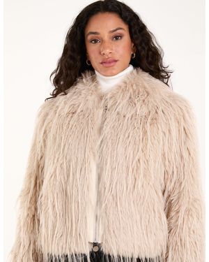 Blue Vanilla Textured Faux Fur Collar Coat - Natural
