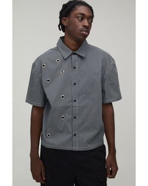 BoohooMAN Oversized Boxy Eyelet Detail Micro Check Shirt - Grey