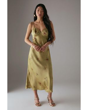 Warehouse Petite Rose Satin Tie Strap Lace Detail Midi Slip Dress - Yellow